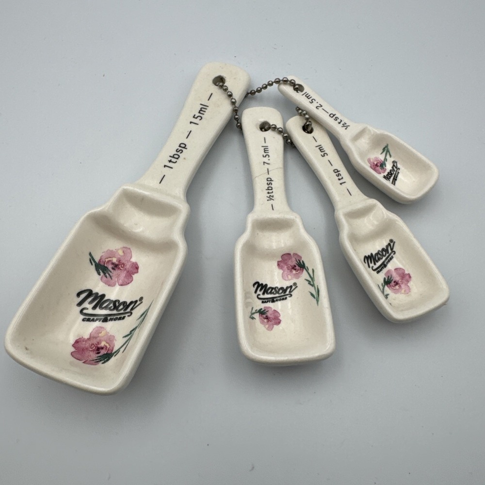 Ceramic Mason Jar Measuring Spoons VTG Inspired Floral One Damaged Read***